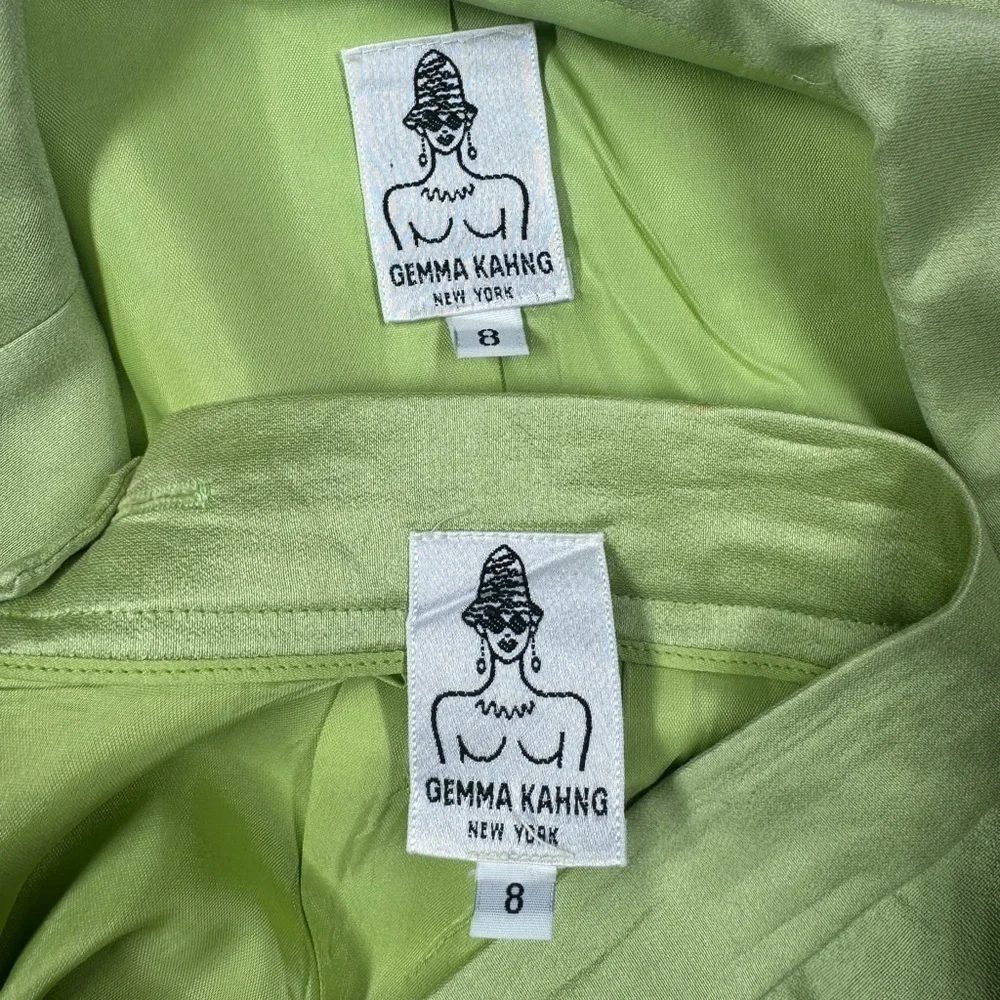 Rare Vintage Gemma Kahng New York Green Silk Cotton Blend Blazer Skirt Set 8